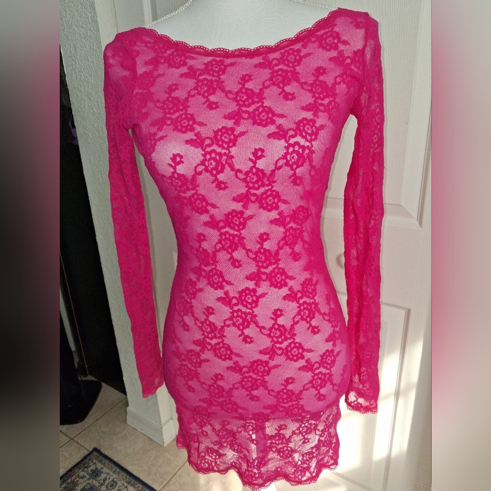 Victoria's Secret Hot Pink Sheer Lace Long Sleeve Mini Slip Dress. Size S.